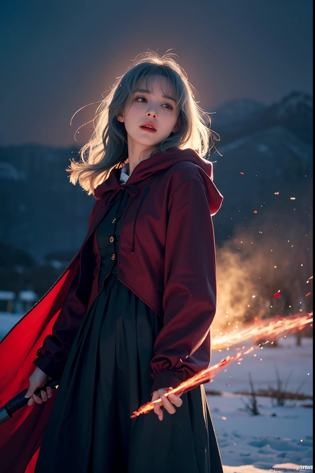 RAW photo, full sharp, (Full HD epic wallpaper) 8K  UHD, Digital SLR, Soft lighting, High quality, filmgrain, Fujifilm XT3, hiqcgbody, (1人, Kizi:1.2), vulnerable, Red eyes, Gray hair, buzz cut, Style - Gravity magic, Portrait, Looking down, Solo, Half shot, Detailed background, Detailed face, Pale complexion,(( Lolita costume)), redcloak, Cape, Hood, malicious expression, The scarlet symbol rotates in the air,( Floating particles, Fire particles, particle fx), Skylight color scheme, Blood sacrifice, blood stain, red flames, the are In the background, Surrounded by a crimson mist, Sunset, symetrical composition, Epic atmosphere,(Snow，Good news of the fire)，