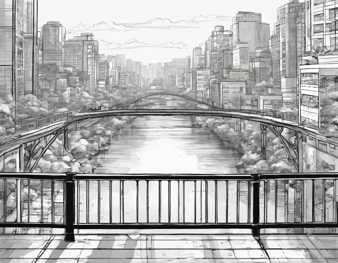 "Create an anime scene where a character sits pensively on a bustling city bridge, gazing at the tranquil river below as the urban landscape surrounds them." black and white, no color