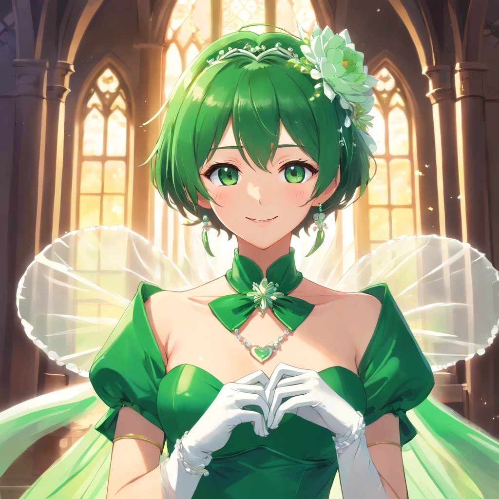 Green Dress Flower Cleanser,Sense of atmosphere, best qualtiy,tmasterpiece,1girll,30-years old,Green dress,Daytime Church,full body Esbian, Green gloves,masculine short hair,big breasts beautiful,looking at viewert,ssmile,Green Bridal Veil,Green Long Grove,Satin green long gloves, lipsticks, Pearl Necklace、Green long gloves,emerald tiara, Making a heart with both hands, Looking ahead from the camera, Detailed five-finger depiction