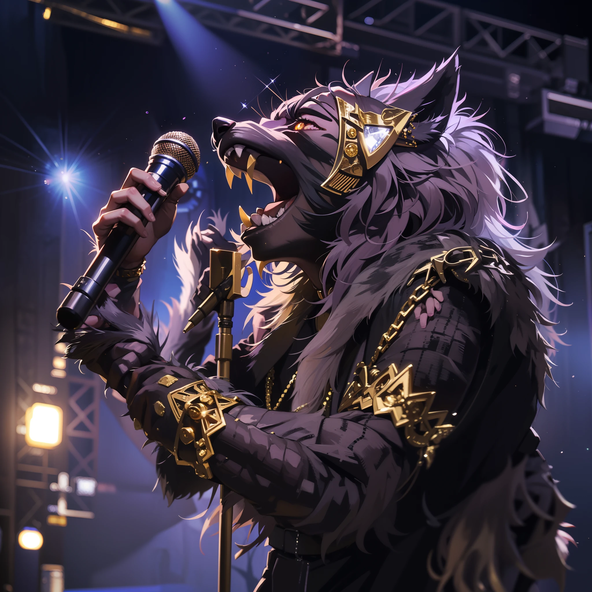 Heavy metal rock werewolf rock werewolf singer big gold chain worn real diamond glitter microphone rock werewolf holding microphone singing stage with holy light real handsome werewolf