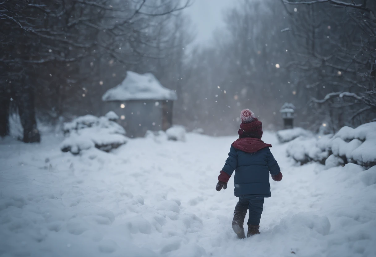 CHILDREN PLAYING IN THE SNOW, WINTER, SNOWING, NIGHT, 8K, detailed matte painting, deep color, fantastical, intricate detail, splash screen, complementary colors, fantasy concept art, 8k resolution trending on Artstation Unreal Engine 5"