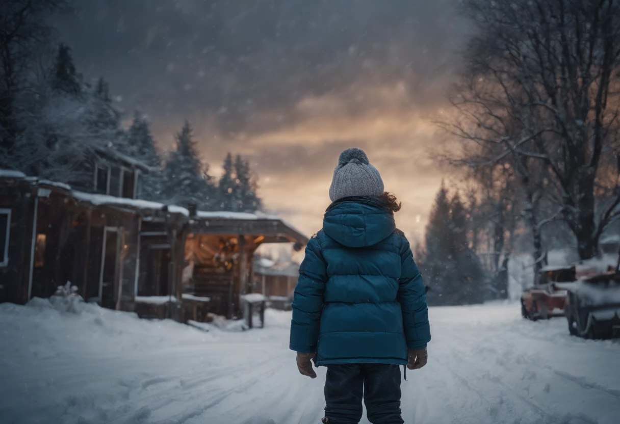 CHILDREN PLAYING IN THE SNOW, WINTER, SNOWING, NIGHT, 8K, detailed matte painting, deep color, fantastical, intricate detail, splash screen, complementary colors, fantasy concept art, 8k resolution trending on Artstation Unreal Engine 5"