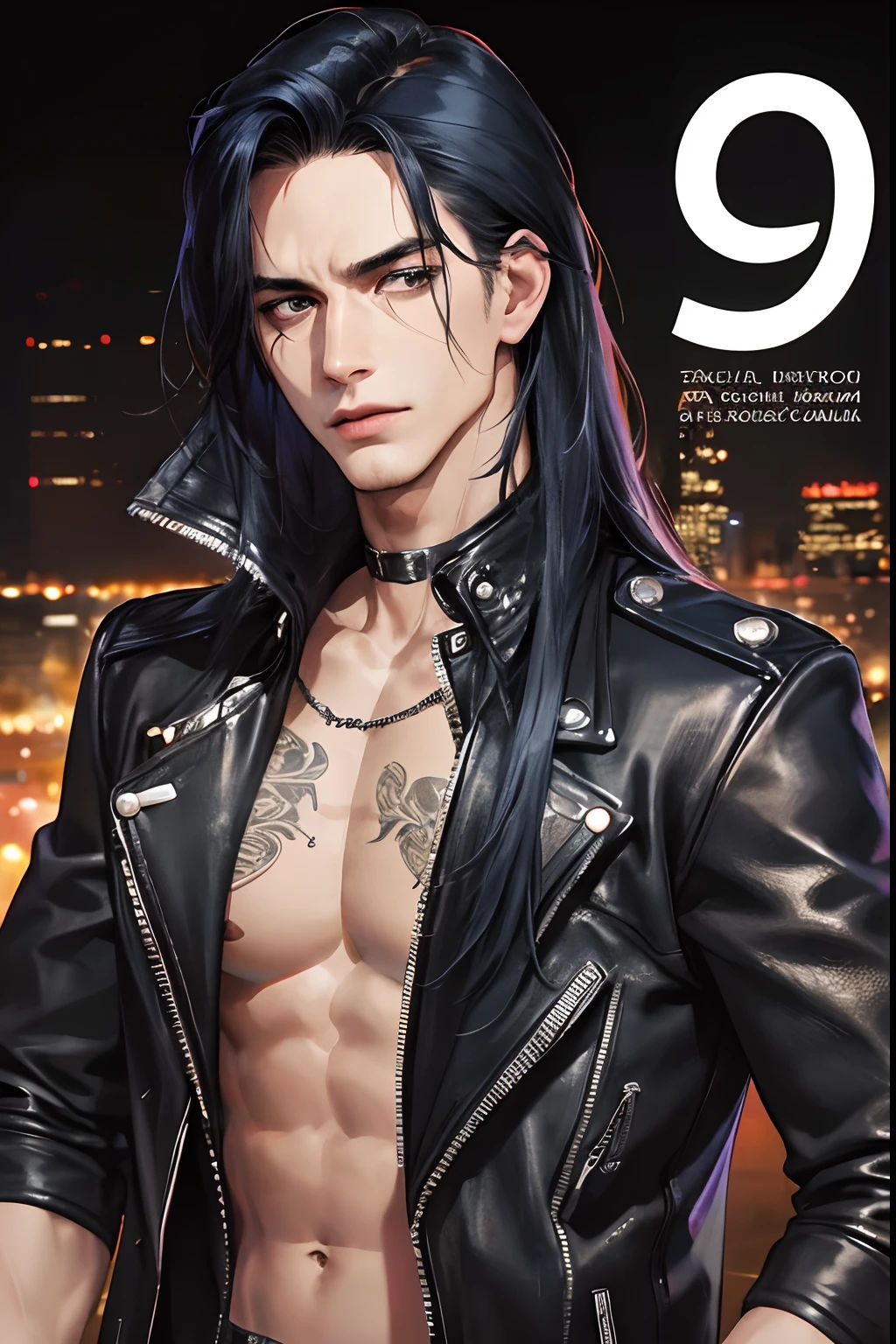 cover for a book, photography of a heavy metal star, a solo man, (((man))), (masculine face), 25 years old, singer, bad boy, (black eyes), expressive look, long dark blue black hair, (((bar background))), straight hair, blueshine hair, unshaven, black leather jacket, long sleve jacket, leather pants, chest tattoo, super detailed face, perfect body, perfect shapes, realistic image, award winning photography, 8k,