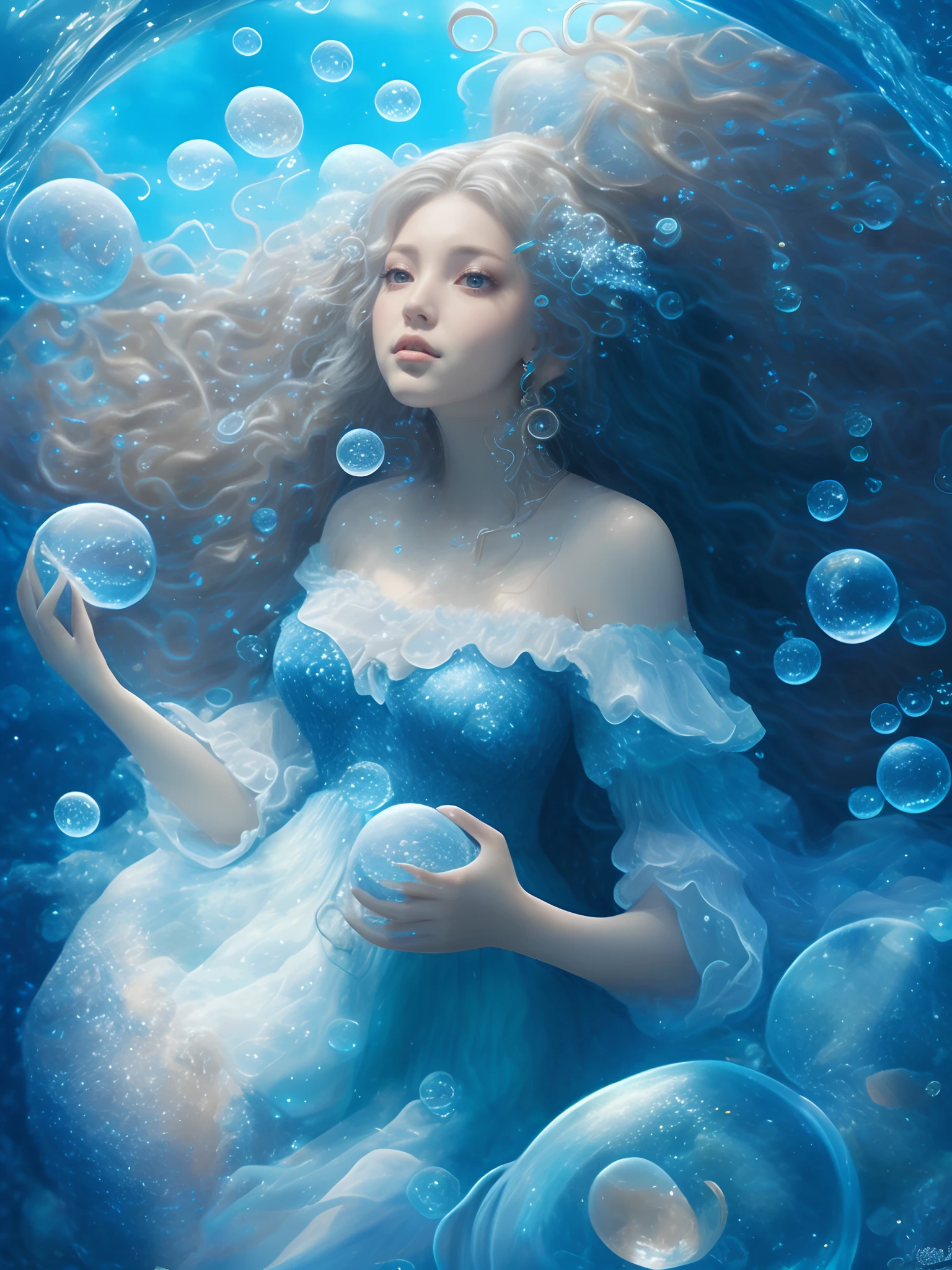 (((UHD))), (((masterpiece))), (((8k))), (((highres))), (((Surrealism))), (((cinematic lighting))), god rays, zoom layer, (((fullbody shot))), f/4.0, Canon, shiny skin,detailed skin,detailed face, detailed eyes,  a goddess of the deep sea, countless rising bubbles, in the deeper ocean,  detailed face, detailed eyes, deep aquamarine hair, a sky-blue dress made of silk-like transparent fabric, and sprawling coral on the seabed, shiny skin,detailed skin, necklace adorned with rare gemstones, pearl earrings, transparent bracelets, and seashell sandals