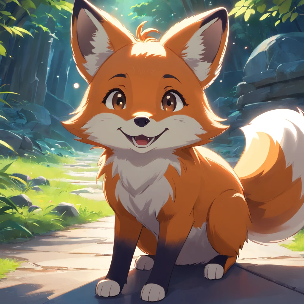 Adorable fox in disney movie style, usando um capuz, cinematic lighthing, Depth detection, hiper detalhada, qualidade 8k. with a party hat