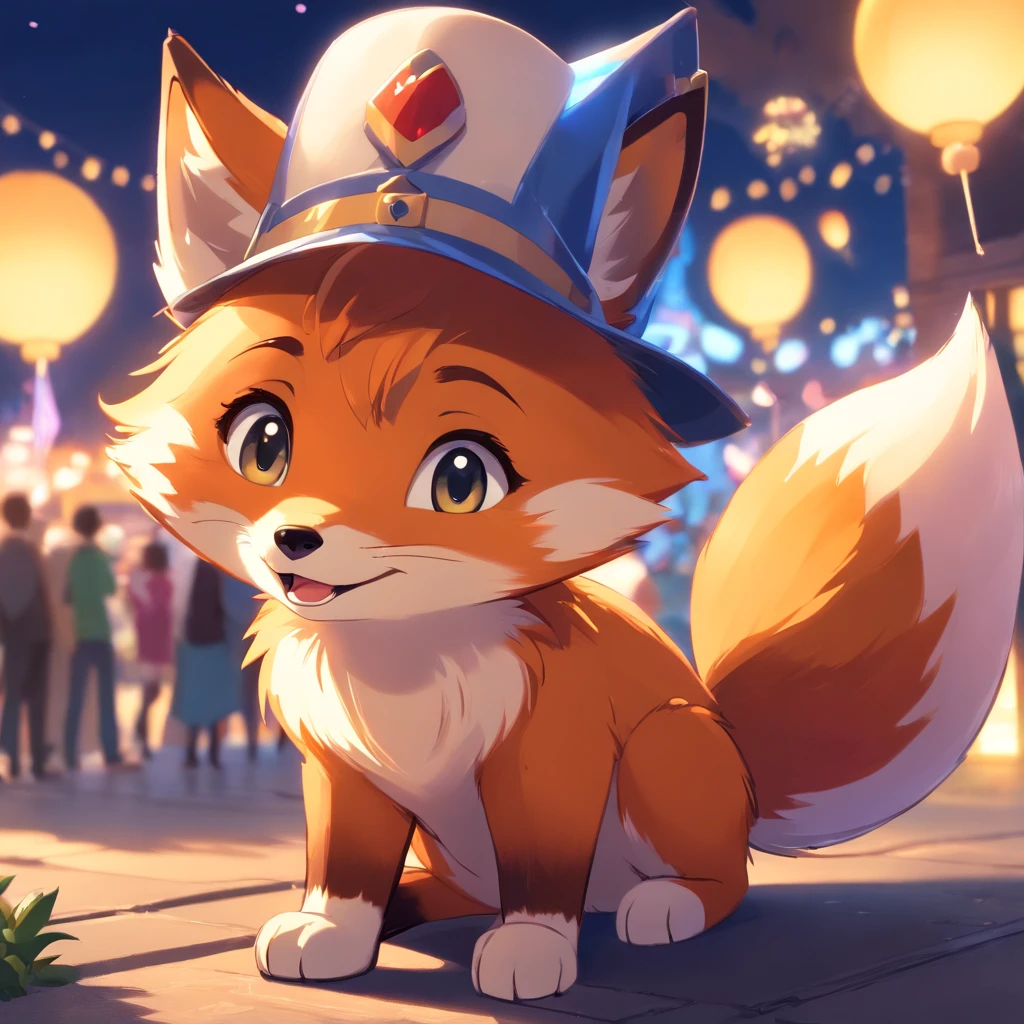 Adorable fox in disney movie style, usando um capuz, cinematic lighthing, Depth detection, hiper detalhada, qualidade 8k. with a party hat