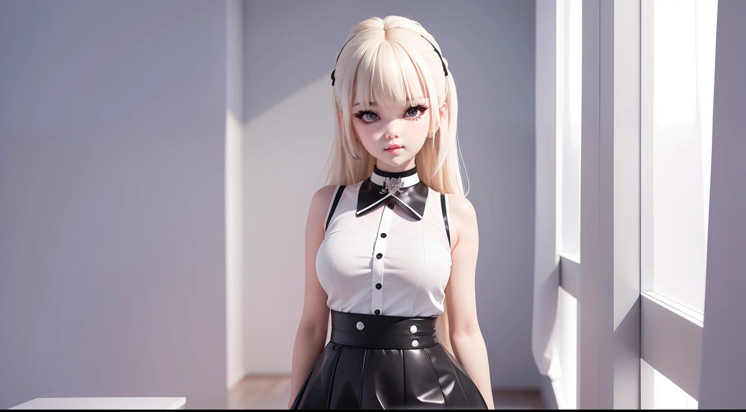 best quality, ultra high res, 1girl, sleeveless white button shirt, black skirt, black choker, cute, (Kpop idol), (aegyo sal:1), (platinum blonde hair:1), ((puffy eyes)), looking at viewer, full body, facing front