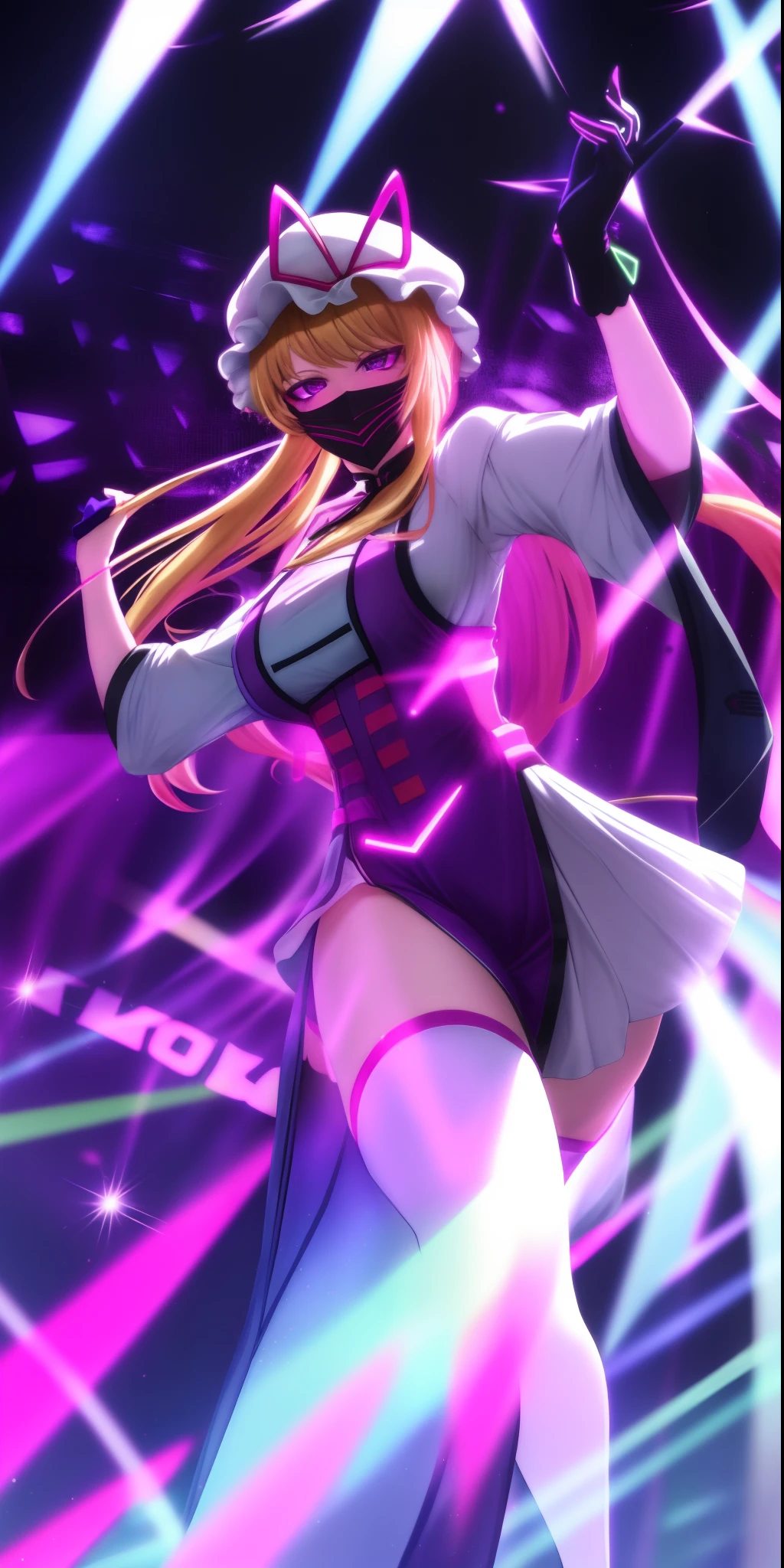 yukari yakumo
mob cap
tabard dancing Melbourne Shuffle harstyle wearing a LED purge masks with visible and neon rave gear