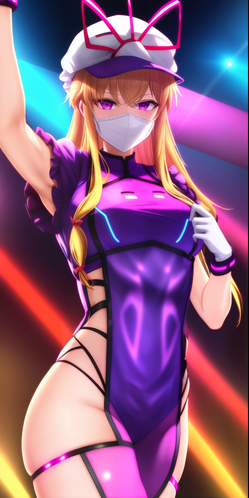 yukari yakumo
mob cap
tabard dancing Melbourne Shuffle harstyle wearing a LED purge masks with visible and neon rave gear