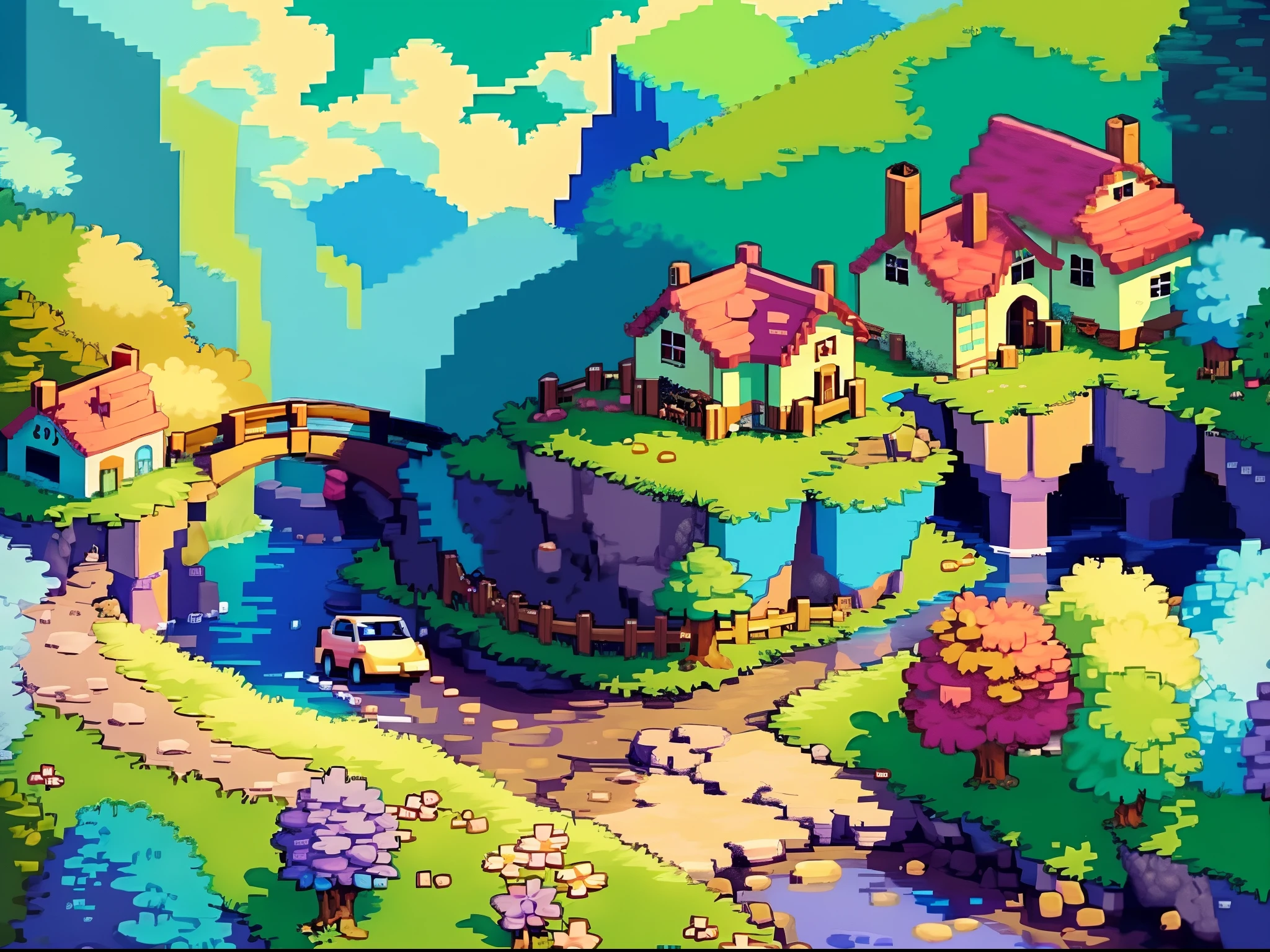 best quality, high-resolution pixel art of a bustling and vibrant town map from the beloved video game "Mother 2". The map showcases intricate details of the town's layout, including winding roads, bridges, and buildings. The art style is reminiscent of classic 16-bit pixel art, with sharp focus and ultra-fine painting techniques. The colors are vivid and eye-catching, with a mix of bright and pastel tones that bring the map to life. The lighting is warm and inviting, with soft sunlight streaming through the trees and casting gentle shadows. The scene is bathed in a nostalgic and whimsical atmosphere, capturing the essence of the game's unique charm. The map features a river flowing through the town, adding a dynamic element to the composition. The cars on the road are carefully detailed, with each pixel capturing the classic design of vintage vehicles. The use of dots and quarter view perspective adds depth and dimension to the map, allowing the viewer to immerse themselves in the vibrant world. Overall, this pixel art masterpiece is a true homage to the iconic game, showcasing the beauty and intricacy of its virtual world.