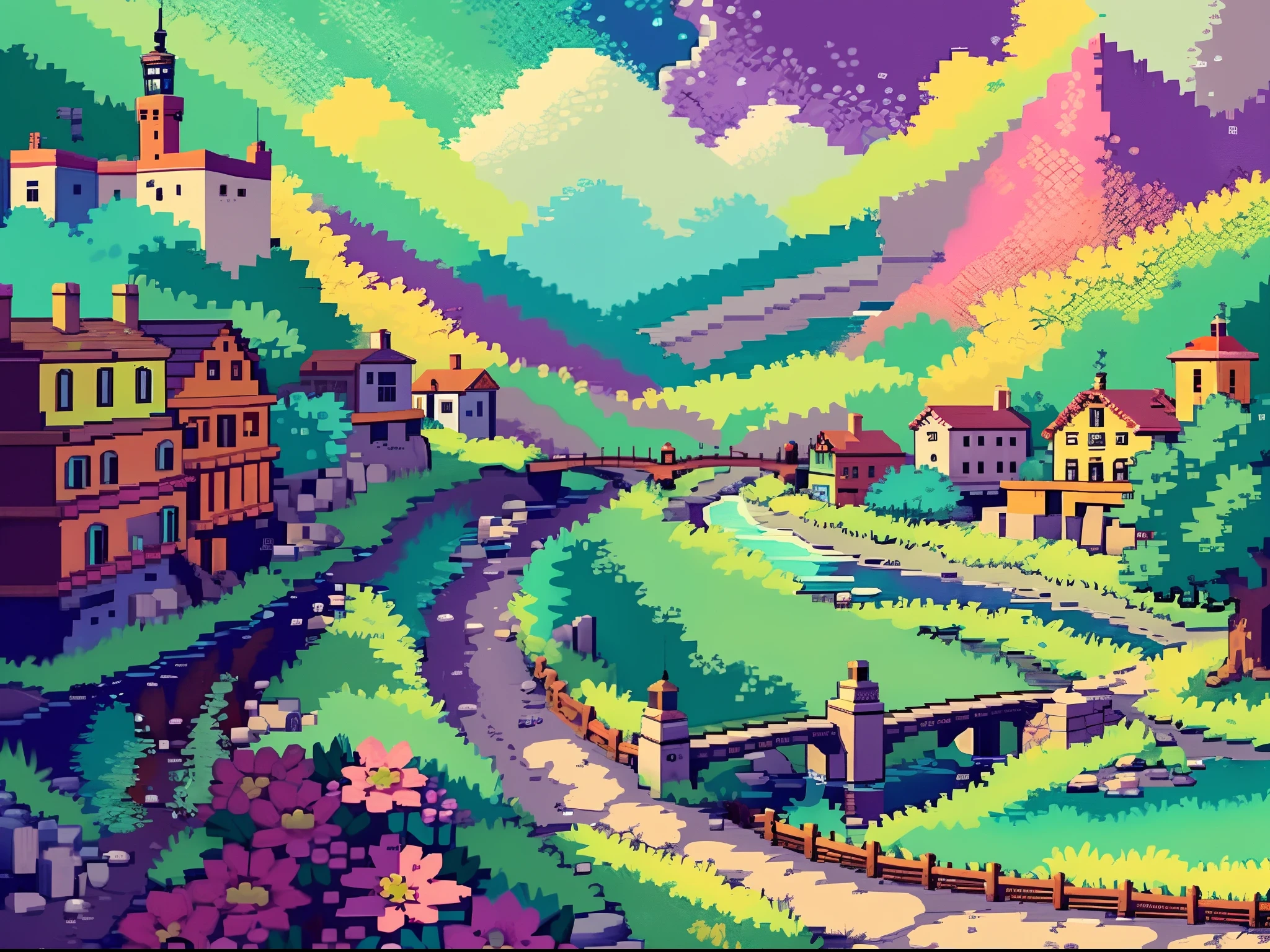 best quality, high-resolution pixel art of a bustling and vibrant town map from the beloved video game "Mother 2". The map showcases intricate details of the town's layout, including winding roads, bridges, and buildings. The art style is reminiscent of classic 16-bit pixel art, with sharp focus and ultra-fine painting techniques. The colors are vivid and eye-catching, with a mix of bright and pastel tones that bring the map to life. The lighting is warm and inviting, with soft sunlight streaming through the trees and casting gentle shadows. The scene is bathed in a nostalgic and whimsical atmosphere, capturing the essence of the game's unique charm. The map features a river flowing through the town, adding a dynamic element to the composition. The cars on the road are carefully detailed, with each pixel capturing the classic design of vintage vehicles. The use of dots and quarter view perspective adds depth and dimension to the map, allowing the viewer to immerse themselves in the vibrant world. Overall, this pixel art masterpiece is a true homage to the iconic game, showcasing the beauty and intricacy of its virtual world.