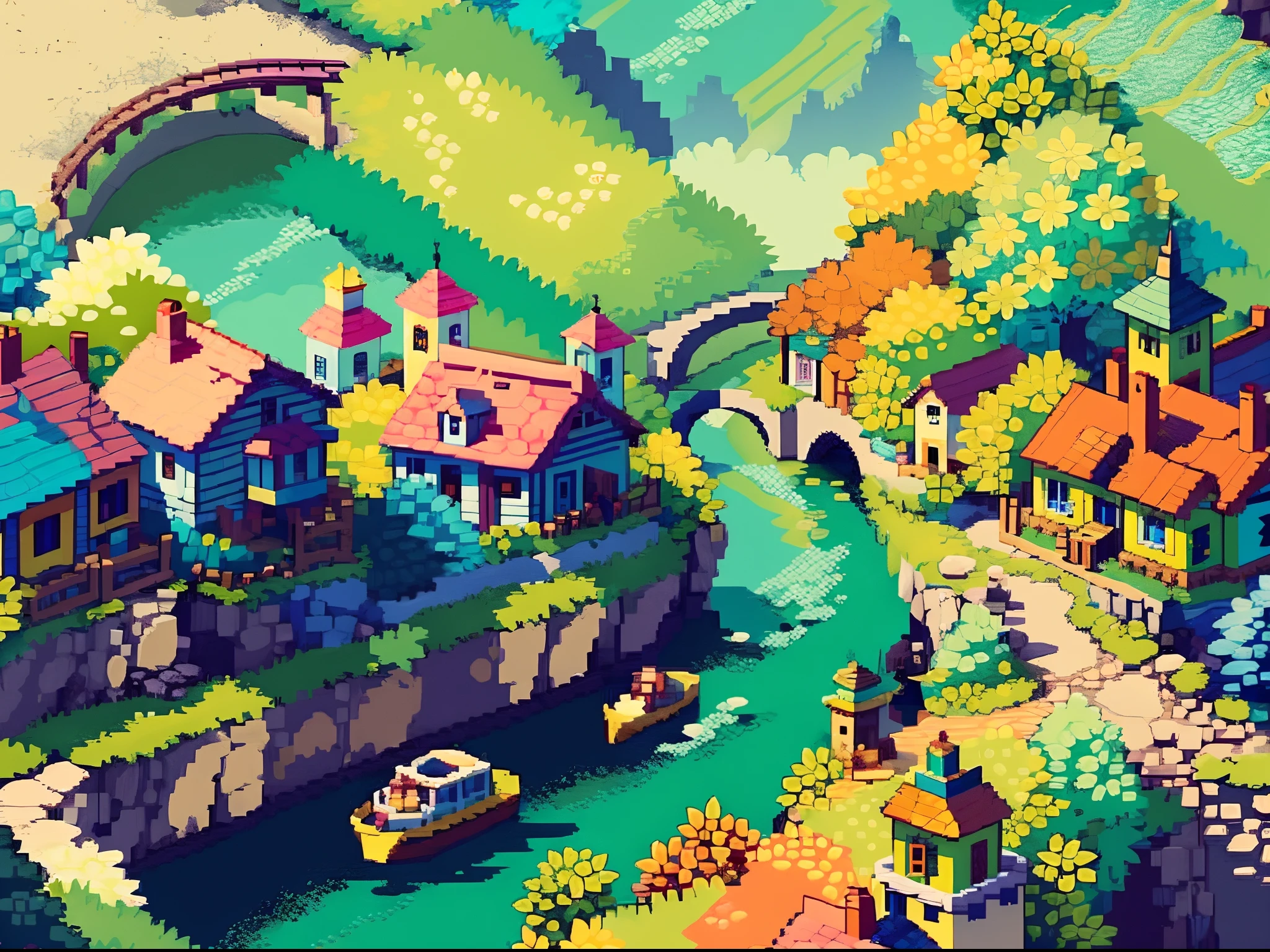 best quality, high-resolution pixel art of a bustling and vibrant town map from the beloved video game "Mother 2". The map showcases intricate details of the town's layout, including winding roads, bridges, and buildings. The art style is reminiscent of classic 16-bit pixel art, with sharp focus and ultra-fine painting techniques. The colors are vivid and eye-catching, with a mix of bright and pastel tones that bring the map to life. The lighting is warm and inviting, with soft sunlight streaming through the trees and casting gentle shadows. The scene is bathed in a nostalgic and whimsical atmosphere, capturing the essence of the game's unique charm. The map features a river flowing through the town, adding a dynamic element to the composition. The cars on the road are carefully detailed, with each pixel capturing the classic design of vintage vehicles. The use of dots and quarter view perspective adds depth and dimension to the map, allowing the viewer to immerse themselves in the vibrant world. Overall, this pixel art masterpiece is a true homage to the iconic game, showcasing the beauty and intricacy of its virtual world.