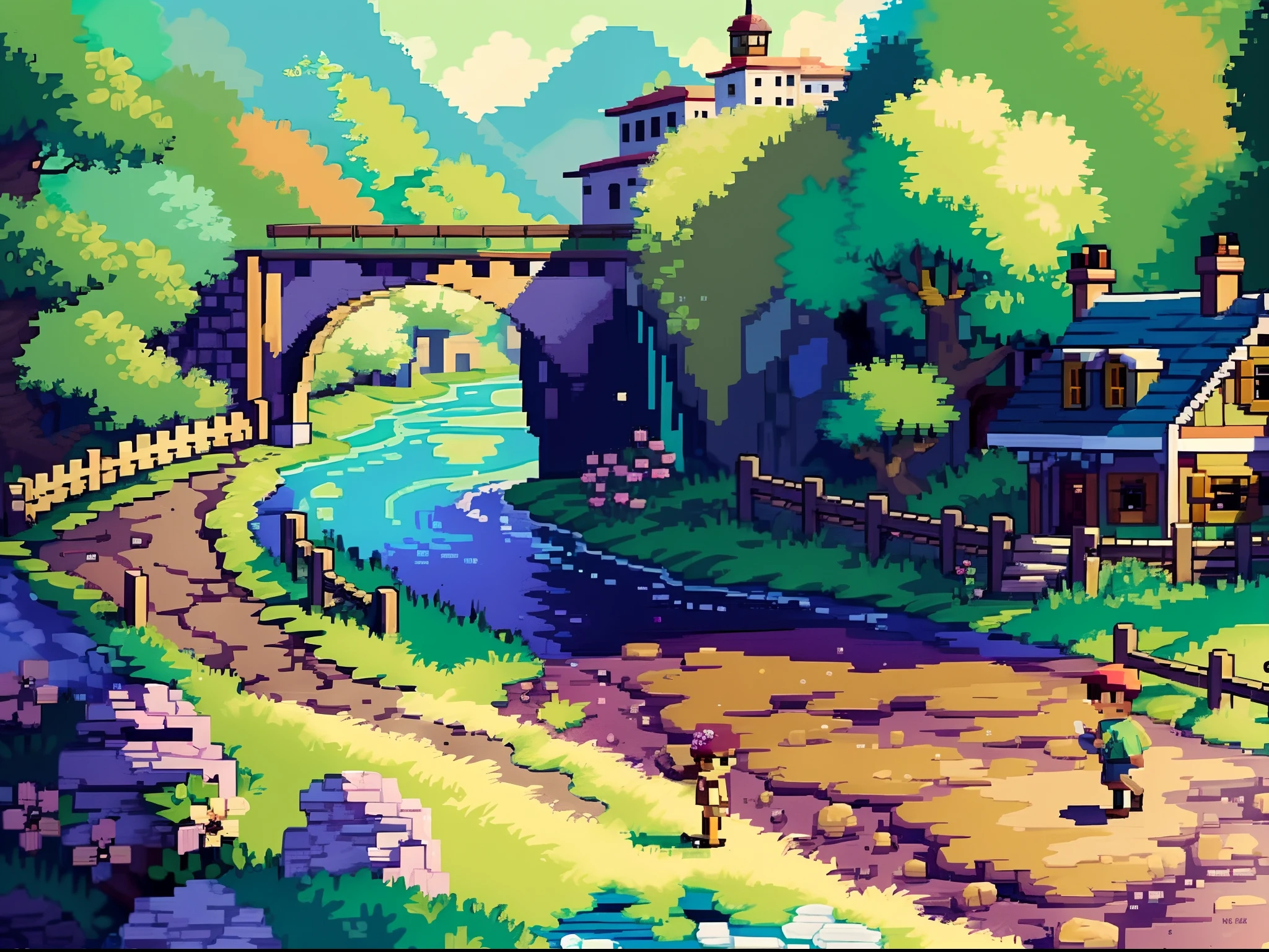 best quality, high-resolution pixel art of a bustling and vibrant town map from the beloved video game "Mother 2". The map showcases intricate details of the town's layout, including winding roads, bridges, and buildings. The art style is reminiscent of classic 16-bit pixel art, with sharp focus and ultra-fine painting techniques. The colors are vivid and eye-catching, with a mix of bright and pastel tones that bring the map to life. The lighting is warm and inviting, with soft sunlight streaming through the trees and casting gentle shadows. The scene is bathed in a nostalgic and whimsical atmosphere, capturing the essence of the game's unique charm. The map features a river flowing through the town, adding a dynamic element to the composition. The cars on the road are carefully detailed, with each pixel capturing the classic design of vintage vehicles. The use of dots and quarter view perspective adds depth and dimension to the map, allowing the viewer to immerse themselves in the vibrant world. Overall, this pixel art masterpiece is a true homage to the iconic game, showcasing the beauty and intricacy of its virtual world.