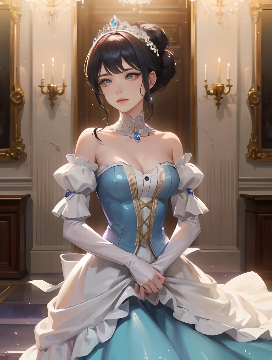 Cinderella arriving at the ballroom: Cinderella is wearing a blue gown. Her hair is styled in an elegant updo. Ballroom walls are pearl white. Ballroom guests are elegantly dressed. ball gown and tuxedo. The setting is a grand ballroom with chandeliers and polished marble floors. The camera used is a high-end DSLR model. The composition focuses on Cinderella's steps. The viewpoint is slightly higher, capturing the grandeur of the scene. The lighting is soft and warm, creating a romantic atmosphere. The depth of field is shallow, with Cinderella clearly in focus and the background slightly blurred. The shutter speed was set to freeze the motion and capture the details of Cinderella's dress. The photos are of high quality, featuring vivid colors and sharp details. Additional photographic terms: bokeh effect, golden hour lighting, wide aperture, Blunt Bangs, purple eyes, dark blue hair,portrait