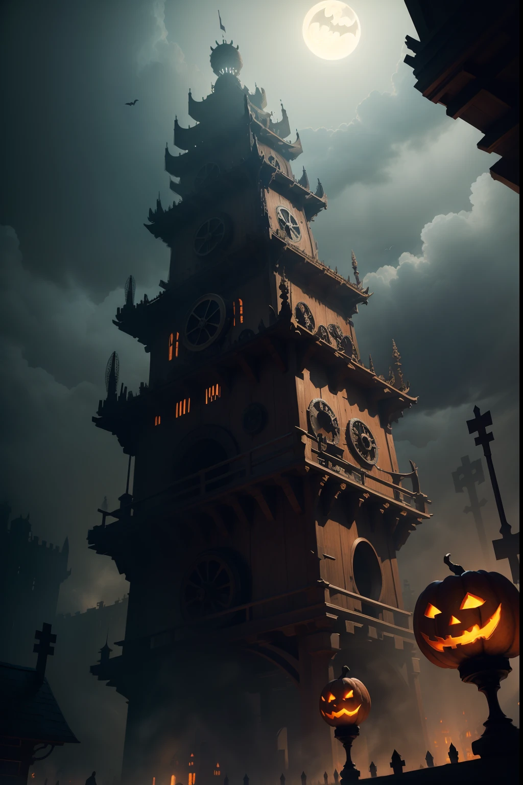 Halloween. Medieval times. An infinitely huge gear mechanism close-up flies in the air high above the ground at an angle. Gears rotate the Halloween mechanism. sparks. Lots of shadows of huge ghosts. Cinematic. super realistic. Blurred dark gloomy background. Clouds. Light haze.