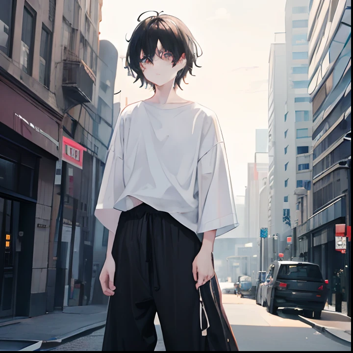 1 boy, black messy hair, tuby eyes, wearing gray baggy vintage pants, oversized white t-shirt, city, absurdres, high res, ultrasharp, 8k, masterpiece, looking at viewer