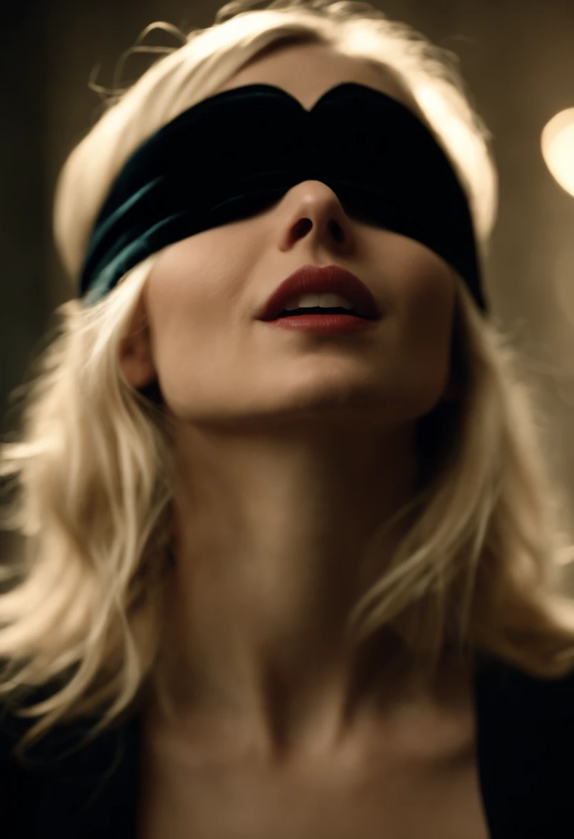 slim blonde girl with naked small breasts, with a black velvet blindfold, Her hands are raised up and thrown behind her head, The girl's head is lowered down, and her mouth is slightly open