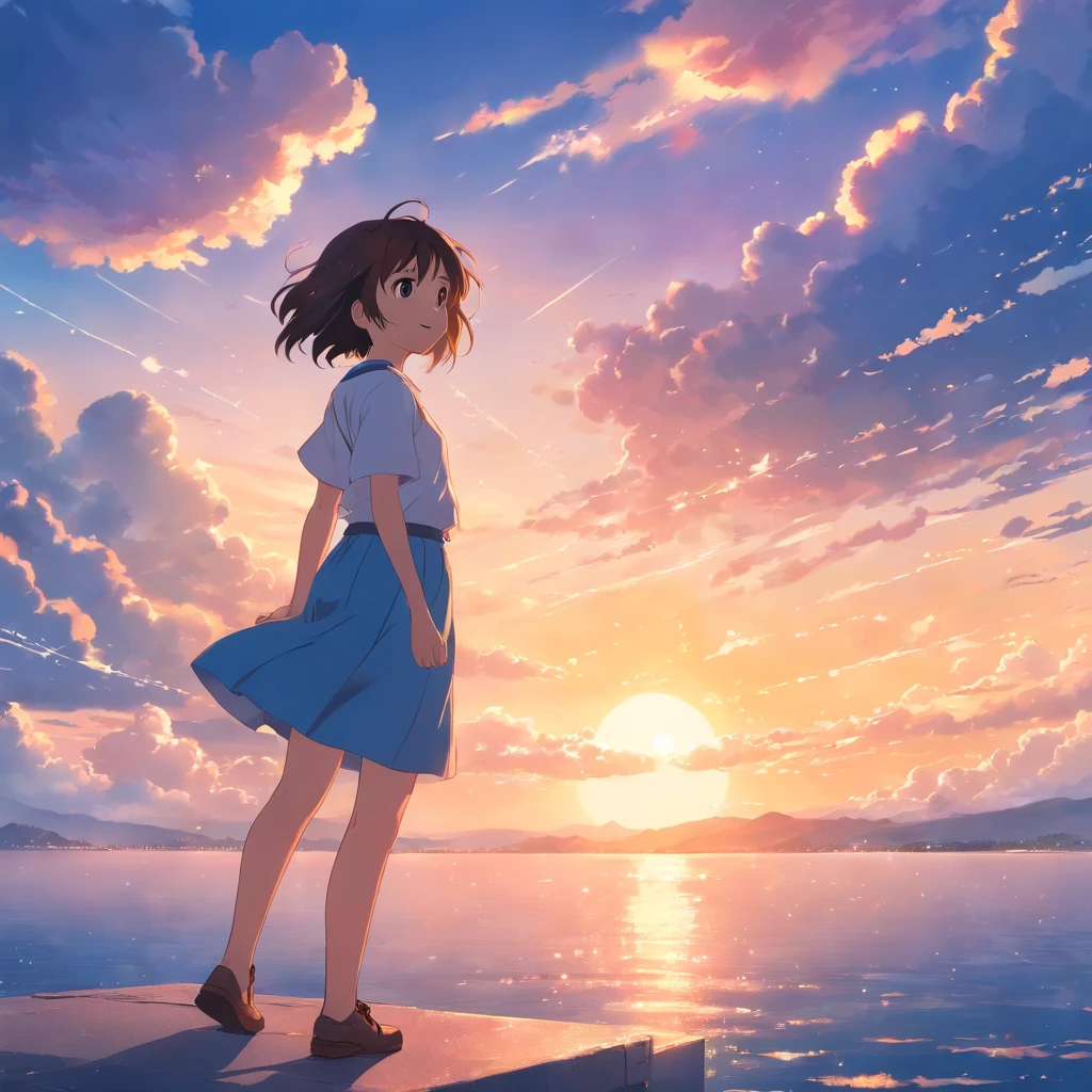 masterpiece, best quality, movie still, 1girl, cloud girl, floating in the sky, close-up, bright, happy, warm soft lighting, sunset, (sparks:0.7)