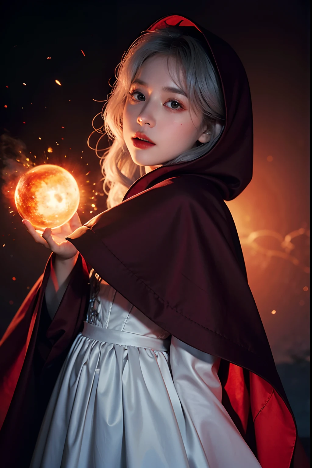 RAW photo, full sharp, (Full HD epic wallpaper) 8K UHD, Digital SLR, Soft lighting, High quality, filmgrain, Fujifilm XT3, hiqcgbody, (1人, Kizi:1.2), vulnerable, Red eyes, Gray hair, buzz cut, Style - Gravity magic, Portrait, Looking down, Solo, Half shot, Detailed background, Detailed face, Pale complexion,(( ta costume)), redcloak, Cape, Hood, malicious expression, The scarlet symbol rotates in the air,( Floating particles, Fire particles, particle fx), Skylight color scheme, Blood sacrifice, blood stain, red flames, the are In the background, Surrounded by a crimson mist, Sunset, symetrical composition, Epic atmosphere,(Snow),(fire glow),