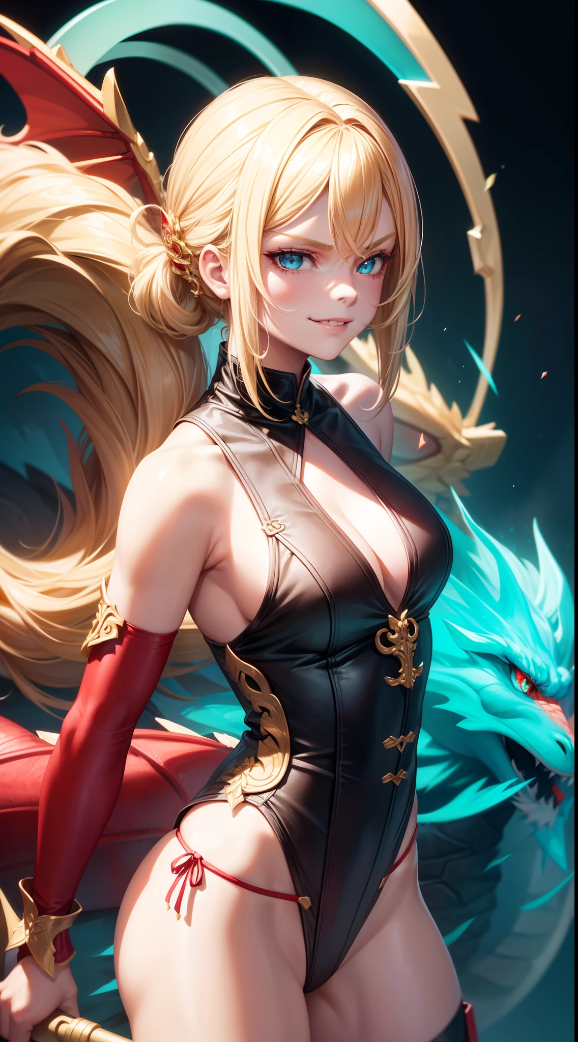 young girl, longue blonde hair, barrette, turquoise eyes, dragon tattoo, red tight uniform, Sleeveless, Wide neckline on the chest, Gold Elements, thongs, claws, smirk, Masterpiece, hiquality, 4k, HD, Good detail