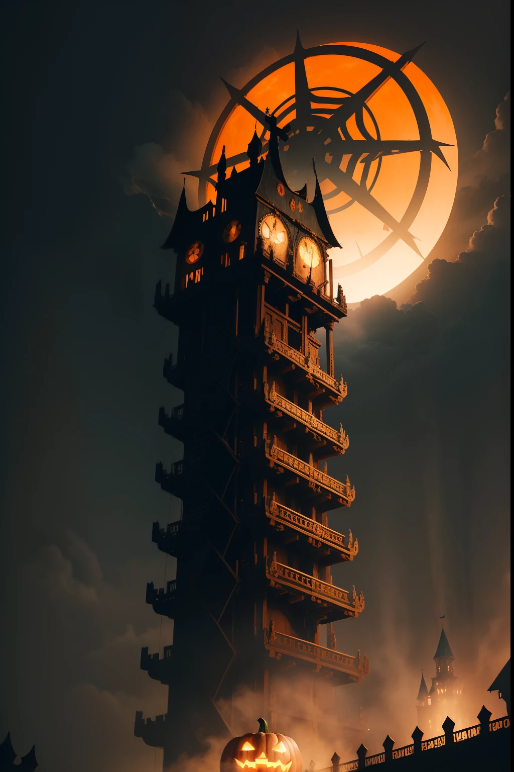 Halloween. Medieval times. An infinitely huge gear mechanism close-up flies in the air high above the ground at an angle. Gears rotate the Halloween mechanism. sparks. Lots of shadows of huge ghosts. Cinematic. super realistic. Blurred dark gloomy background. Clouds. Light haze.