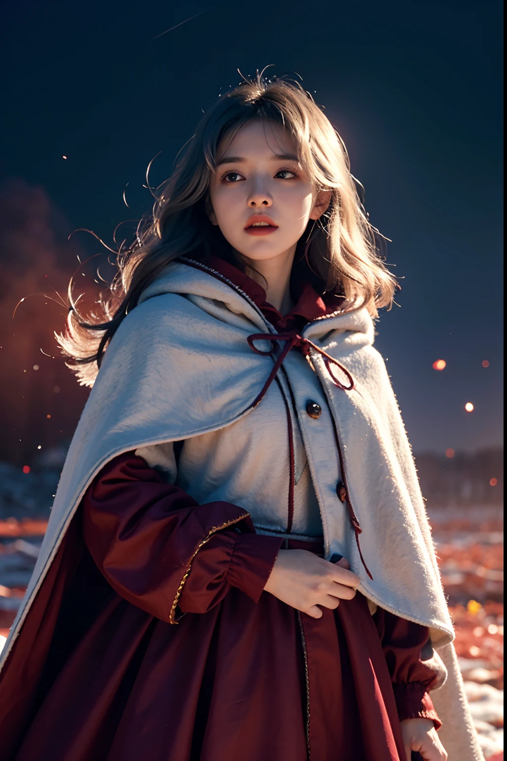 RAW photo, full sharp, (Full HD epic wallpaper) 8K UHD, Digital SLR, Soft lighting, High quality, filmgrain, Fujifilm XT3, hiqcgbody, (1人, Kizi:1.2), vulnerable, Red eyes, Gray hair, buzz cut, Style - Gravity magic, Portrait, Looking down, Solo, Half shot, Detailed background, Detailed face, Pale complexion,(( Lolita costume)), redcloak, Cape, Hood, malicious expression, The scarlet symbol rotates in the air,( Floating particles, Fire particles, particle fx), Skylight color scheme, Blood sacrifice, blood stain, red flames, the are In the background, Surrounded by a crimson mist, Sunset, symetrical composition, Epic atmosphere,(Snow),(fire glow),