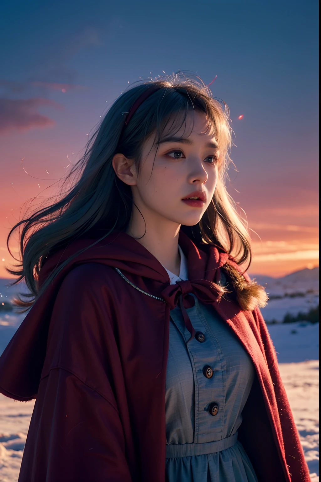RAW photo, full sharp, (Full HD epic wallpaper) 8K UHD, Digital SLR, Soft lighting, High quality, filmgrain, Fujifilm XT3, hiqcgbody, (1人, Kizi:1.2), vulnerable, Red eyes, Gray hair, buzz cut, Style - Gravity magic, Portrait, Looking down, Solo, Half shot, Detailed background, Detailed face, Pale complexion,(( Lolita costume)), redcloak, Cape, Hood, malicious expression, The scarlet symbol rotates in the air,( Floating particles, Fire particles, particle fx), Skylight color scheme, Blood sacrifice, blood stain, red flames, the are In the background, Surrounded by a crimson mist, Sunset, symetrical composition, Epic atmosphere,(Snow,Good news of the fire),