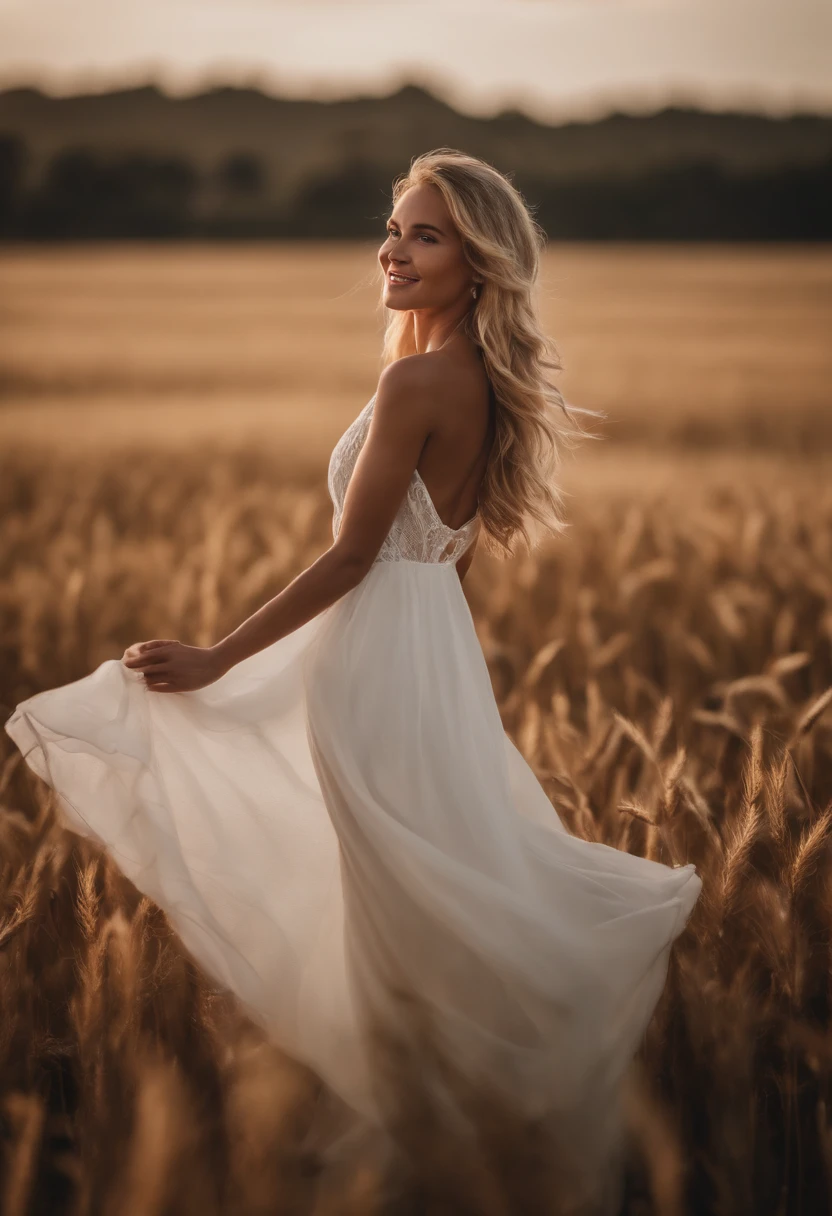 top-quality、masterpiece、8K、Blonde girl in white dress(Long、a smile)、low angles、Floating in the air、foco nítido:1.2.