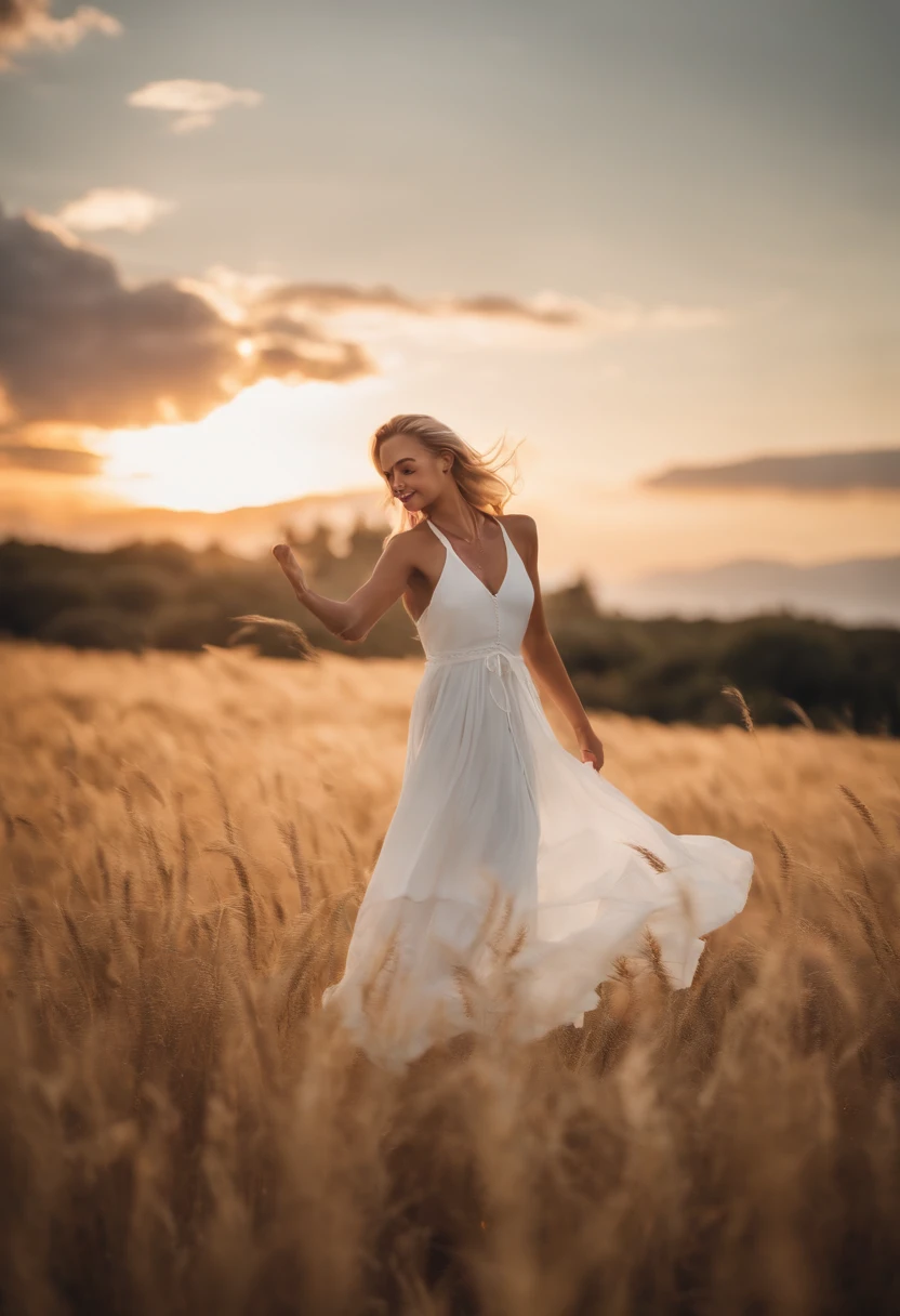 top-quality、masterpiece、8K、Blonde girl in white dress(Long、a smile)、low angles、Floating in the air、foco nítido:1.2.
