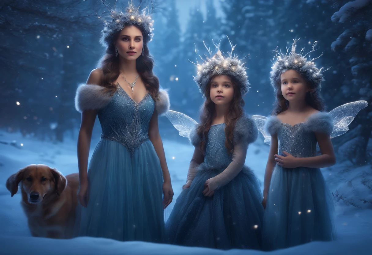 MOTHER AND DAUGHTERS DRESSED AS WINTER FAIRIES, WEARING WINTER CROWNS, WINTER, NIGHTTIME, SNOWING, DOG,8K, detailed matte painting, deep color, fantastical, intricate detail, splash screen, complementary colors, fantasy concept art, 8k resolution trending on Artstation Unreal Engine 5"