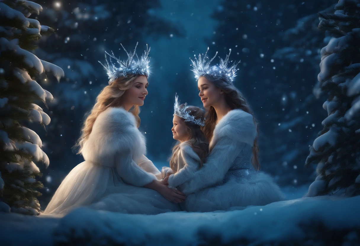 MOTHER AND DAUGHTERS DRESSED AS WINTER FAIRIES, WEARING WINTER CROWNS, WINTER, NIGHTTIME, SNOWING, DOG,8K, detailed matte painting, deep color, fantastical, intricate detail, splash screen, complementary colors, fantasy concept art, 8k resolution trending on Artstation Unreal Engine 5"