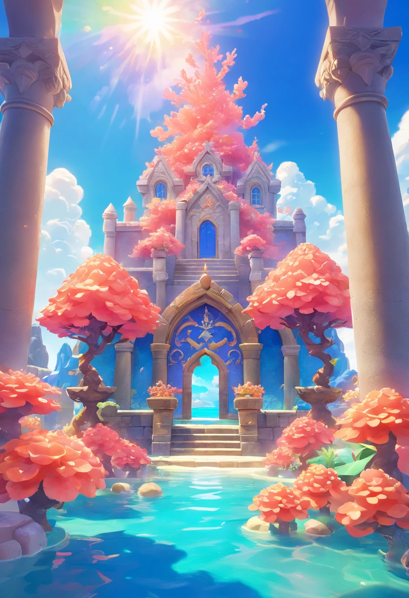 Virtual scene design, coral art installation above the blue ocean, galvanized fiberglass with rainbow gradient, surreal visual representation, magnificent architecture, unique, intricate, exquisite details,(blender, oc rendering, natural light, ray tracing, 8K)
