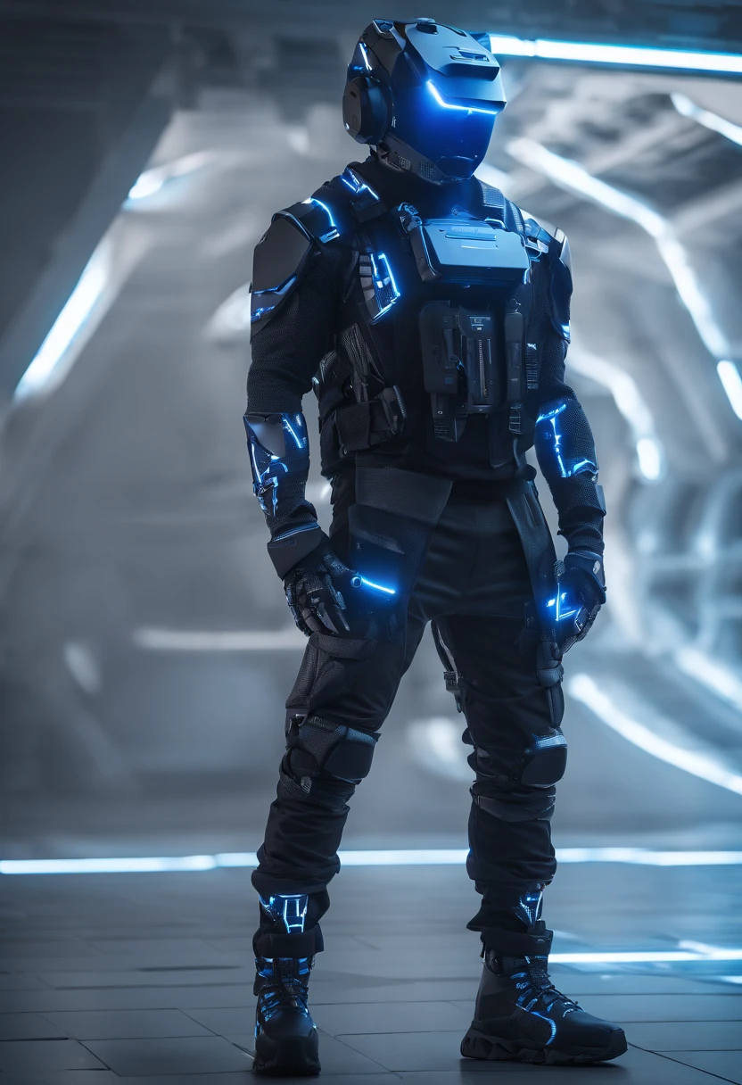 a fantastic square cyberhelmet with blue lights, concept art, best quality, masterpiece