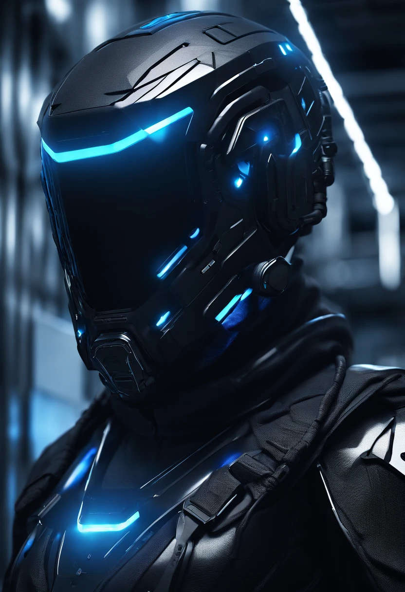 a fantastic square cyberhelmet with blue lights, concept art, best quality, masterpiece