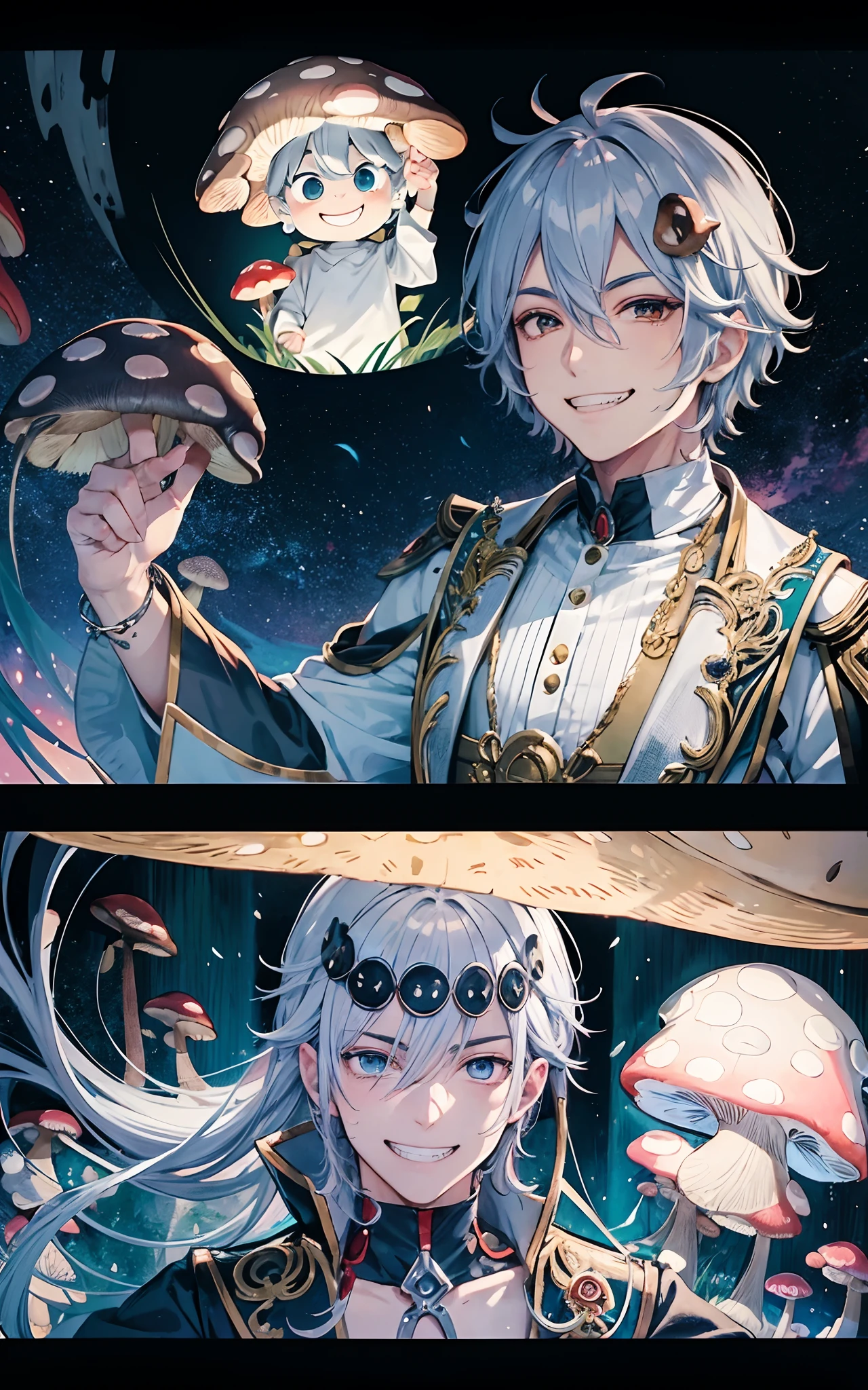 manga, (guy with mushroom on head:1.2), (grin:1.2), silver hair, evil,