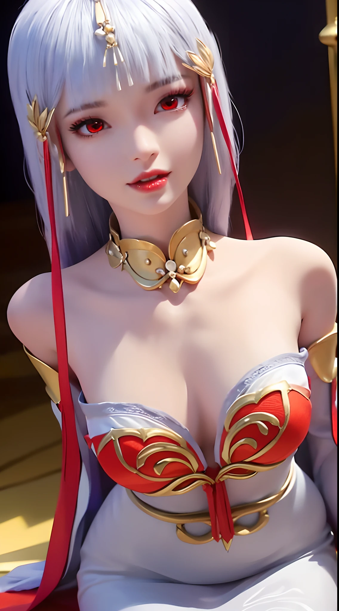 "A beautiful 20 year old young woman, (((sexy slim dress:1.6))), white dress with red trim, platinum hair color, platinum bangs, the most beautiful and detailed hair jewelry, extremely round shape and face beautiful, thin eyebrows, most beautiful and perfect face, ((black eye pupils:0.8)), very beautiful eyes, ((red eyes:1.4)), eyelashes makeup and beautiful details, high nose, earrings, thin lips, red lips, ((closed mouth: 1.5)), beautiful lips, (((arms behind your back,:1.2))), smooth white skin, most beautiful thighs, ((arms spread out to the sides: 1.5)), strong arms and legs, rosy face, clean face, flawless beautiful face, smooth white skin, cleavage, ((big breasts:1.6)), ((very round breasts:1.3)), ((tight chest:1.2)), ((breast augmentation:1.5)), beautiful breasts, ((lower biceps: 1.5)), sitting across from the audience, hands on the floor, 8k photo quality, super high quality, super realistic, 10x super pixel, realistic photo, studio dark, rim light, two-tone light, (high detail skin: 1.2), ultra 8k, soft light, high quality, volumetric light, realistic, Photo, high resolution, light bright, best photo, 4k quality, Smooth and sharp, 10x pixels, (galaxy:1.7), aurora, lightning, surreal graphics, most realistic graphics, 1 girl, alone, solo, Super sharp, surreal images, closer to the girl, ((frontal portrait:1.5)),"