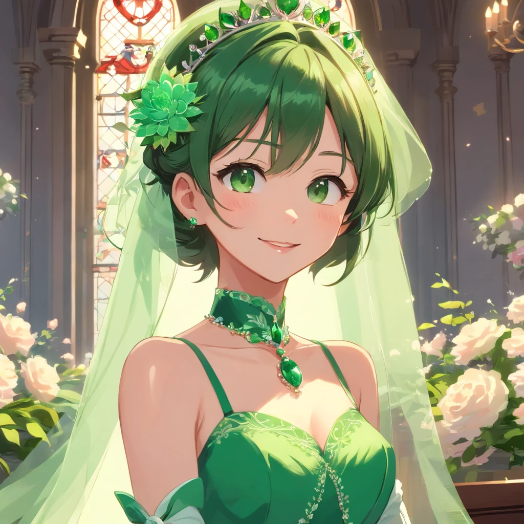 Green Dress Flower Cleanser,Sense of atmosphere, best qualtiy,tmasterpiece,1girll,30-years old,Green dress,Daytime Church,full body Esbian, Green gloves,masculine short hair,big breasts beautiful,looking at viewert,ssmile,Green Bridal Veil,Green Long Grove,Satin green long gloves, lipsticks, Pearl Necklace、Green Long Grove,emerald tiara, Looking ahead from the camera, Detailed five-finger depiction, Piece with both hands