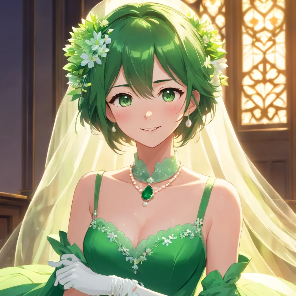 Green Dress Flower Cleanser,Sense of atmosphere, best qualtiy,tmasterpiece,1girll,30-years old,Green dress,Daytime Church,full body Esbian, Green gloves,masculine short hair,big breasts beautiful,looking at viewert,ssmile,Green Bridal Veil,Green Long Grove,Satin green long gloves, lipsticks, Pearl Necklace、Green Long Grove,emerald tiara, Looking ahead from the camera, Detailed five-finger depiction, Piece with both hands