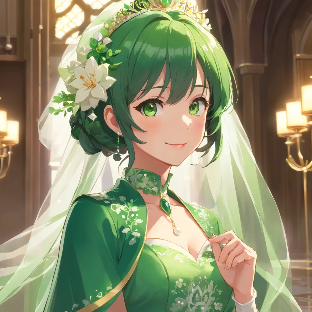 Green Dress Flower Cleanser,Sense of atmosphere, best qualtiy,tmasterpiece,1girll,30-years old,Green dress,Daytime Church,full body Esbian, Green gloves,masculine short hair,big breasts beautiful,looking at viewert,ssmile,Green Bridal Veil,Green Long Grove,Satin green long gloves, lipsticks, Pearl Necklace、Green Long Grove,emerald tiara, Looking ahead from the camera, Detailed five-finger depiction, Piece with both hands