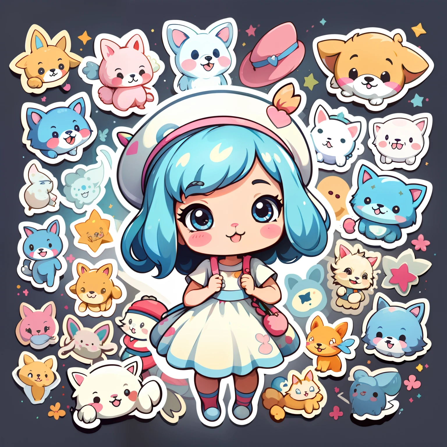 a sticker，1girll，adolable，kawaii，adolable，Chibi simple background，Wear a beautiful dress，With a hat，Leading a cute puppy