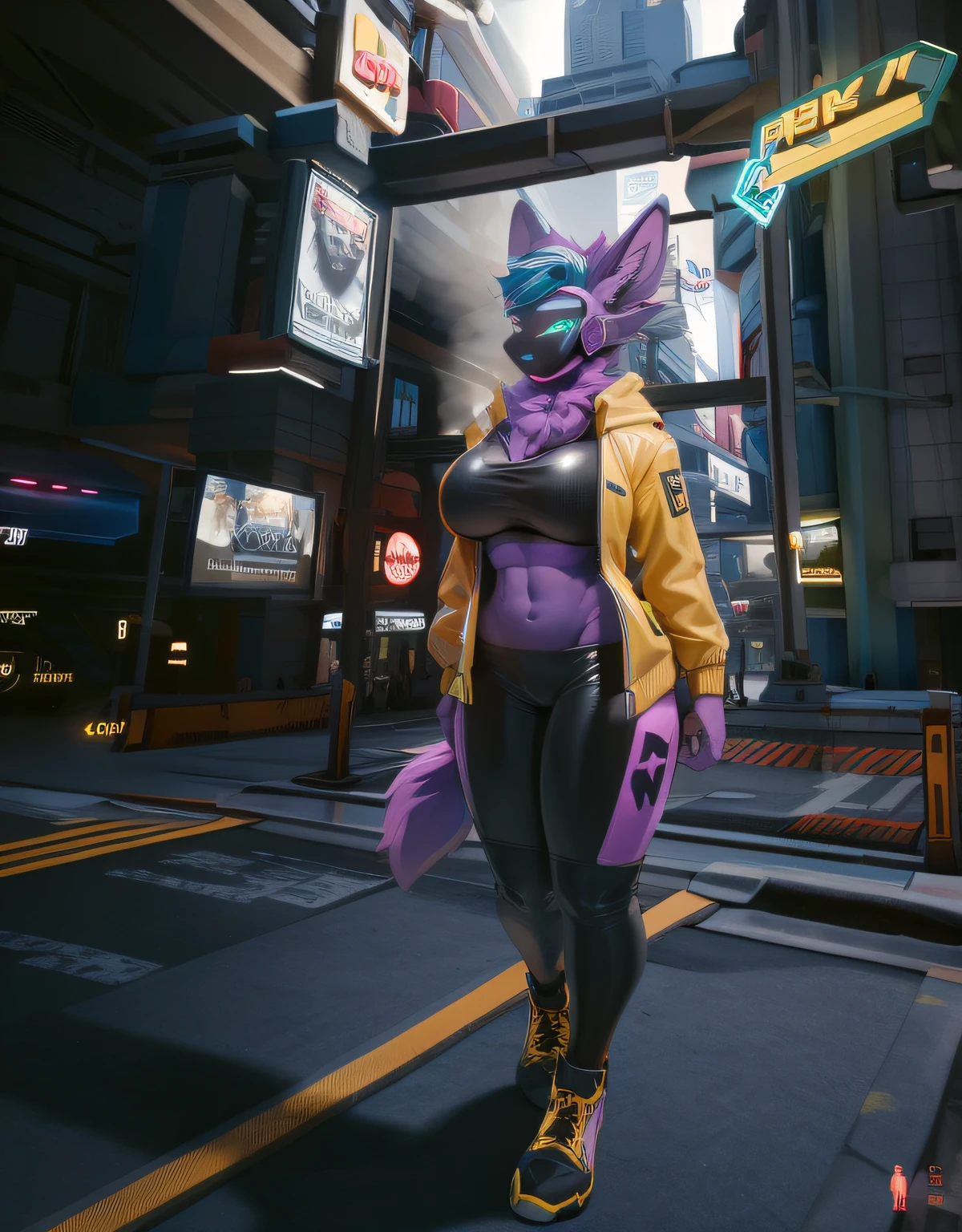 (masterpiece:1.2, best quality:1.2, 2D:1.2, sharp:1.2), (hotify), tail, pink elements on fur, perfect anatomy, perfect eyes, perfect background, cyberpunk 2077, night city, (night_environment), apartment, (solo, full body shot), furry, protogen. protogen visor, protogen face, multiple ears, white fur, dark purple skin, big breasts, fit, thin waist, visible abs, sports bra, open yellow jacket, pants, skindentation