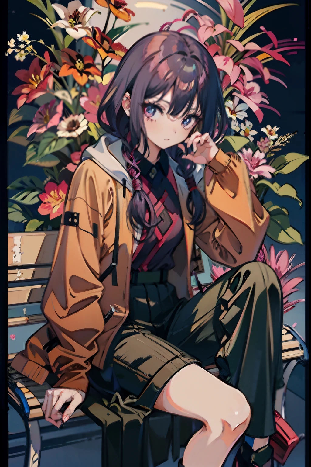 A woman sits on a bench，Flowers in the background, a beautiful anime portrait, anime vibes, anime visual of a cute girl, animeaesthetic, Style anime, Anime girl, Beautiful anime style, animeaesthetic, (Anime girl), High Quality Anime Art Style, style of anime4 K, An anime girl, Beautiful anime girl, Anime style mixed with Fujifilm