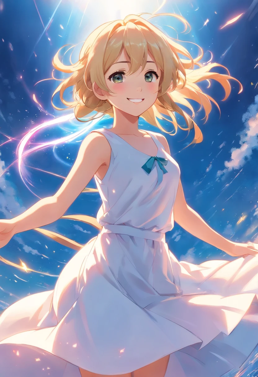 top-quality、masterpiece、8K、Blonde girl in white dress(long、A smile)、low angles、Floating in the air、foco nítido:1.2.
