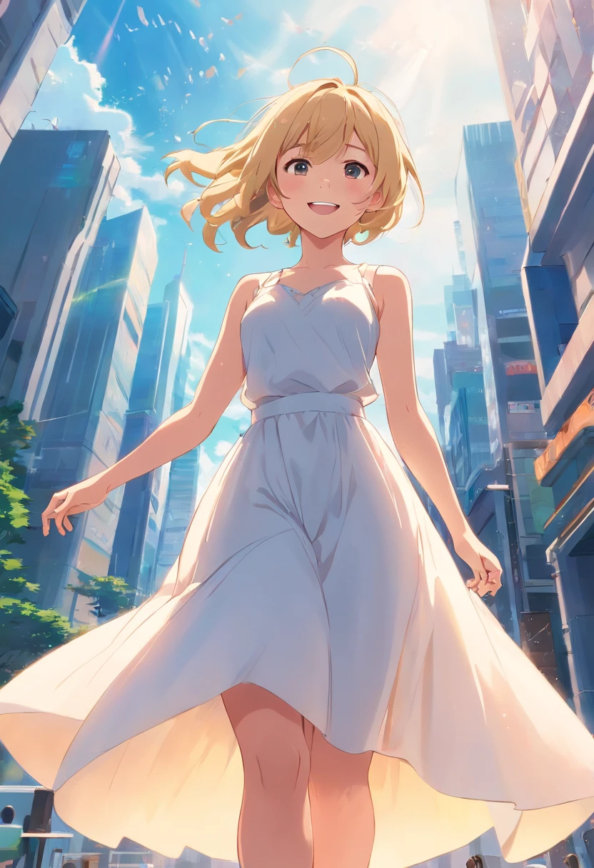 top-quality、masterpiece、8K、Blonde girl in white dress(long、A smile)、low angles、Floating in the air、foco nítido:1.2.