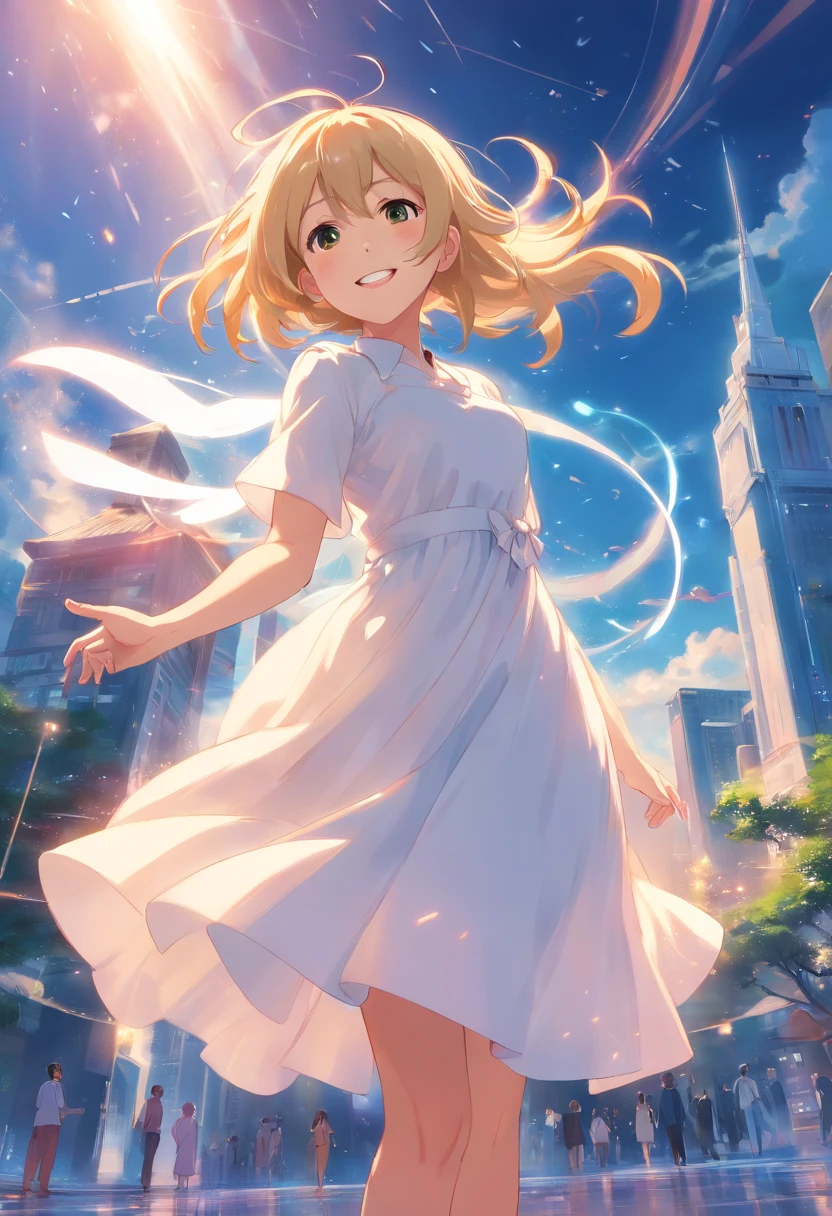 top-quality、masterpiece、8K、Blonde girl in white dress(long、A smile)、low angles、Floating in the air、foco nítido:1.2.