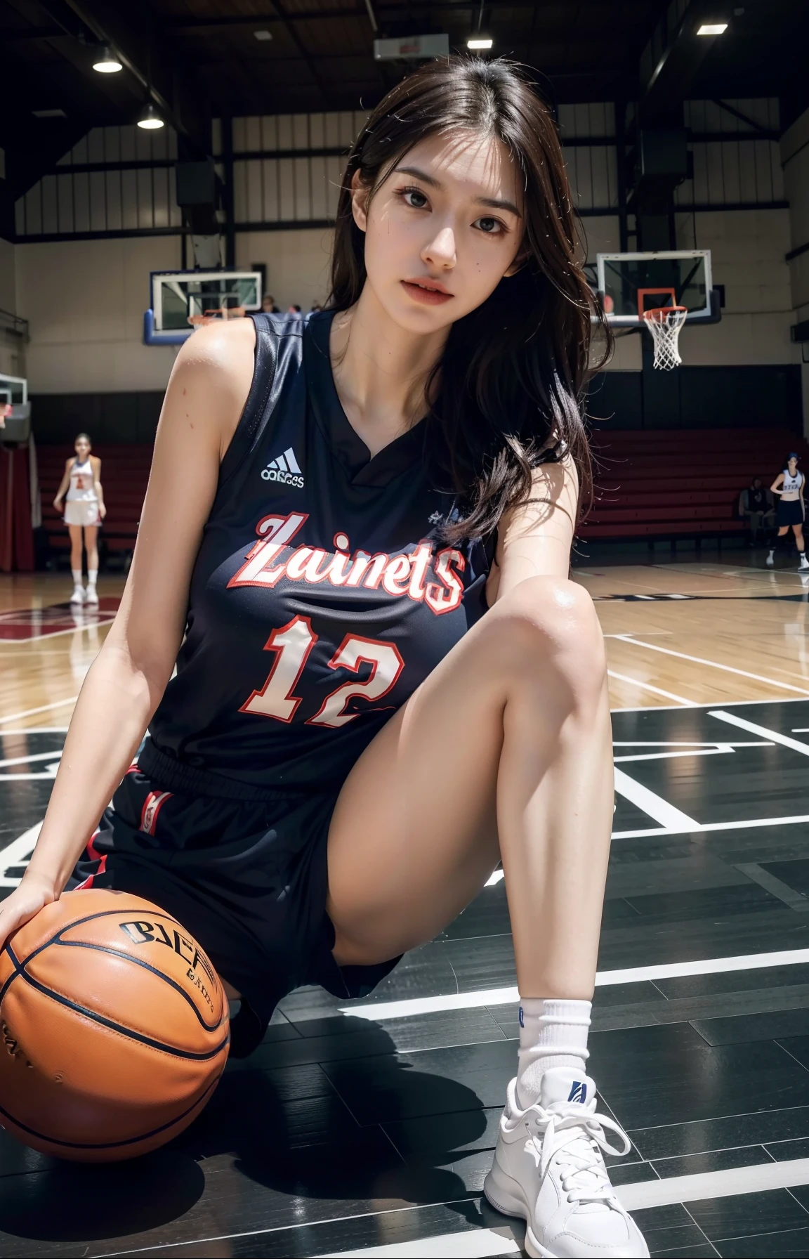 Top quality, 超高分辨率, (Photorealistic: 1.4), 8K resolution, (Woman in basketball uniform), (Random hair: 1.3), (photo-realistic hair: 1.2), (Realistic eyes: 1.2), (beautfully face: 1.3), (Large breasts:1.3), (Wet skin: 1.2),(Dynamic Angle:1.1)，（full bodyesbian)sweat leggs，at  basketball court，low chest，无袖，long leges(Playing the Basketball)White sneakers