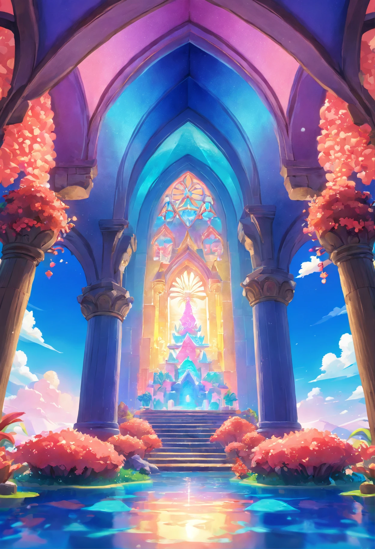 Virtual scene design, coral art installation above the blue ocean, galvanized fiberglass with rainbow gradient, surreal visual representation, magnificent architecture, unique, intricate, exquisite details,(blender, oc rendering, natural light, ray tracing, 8K)