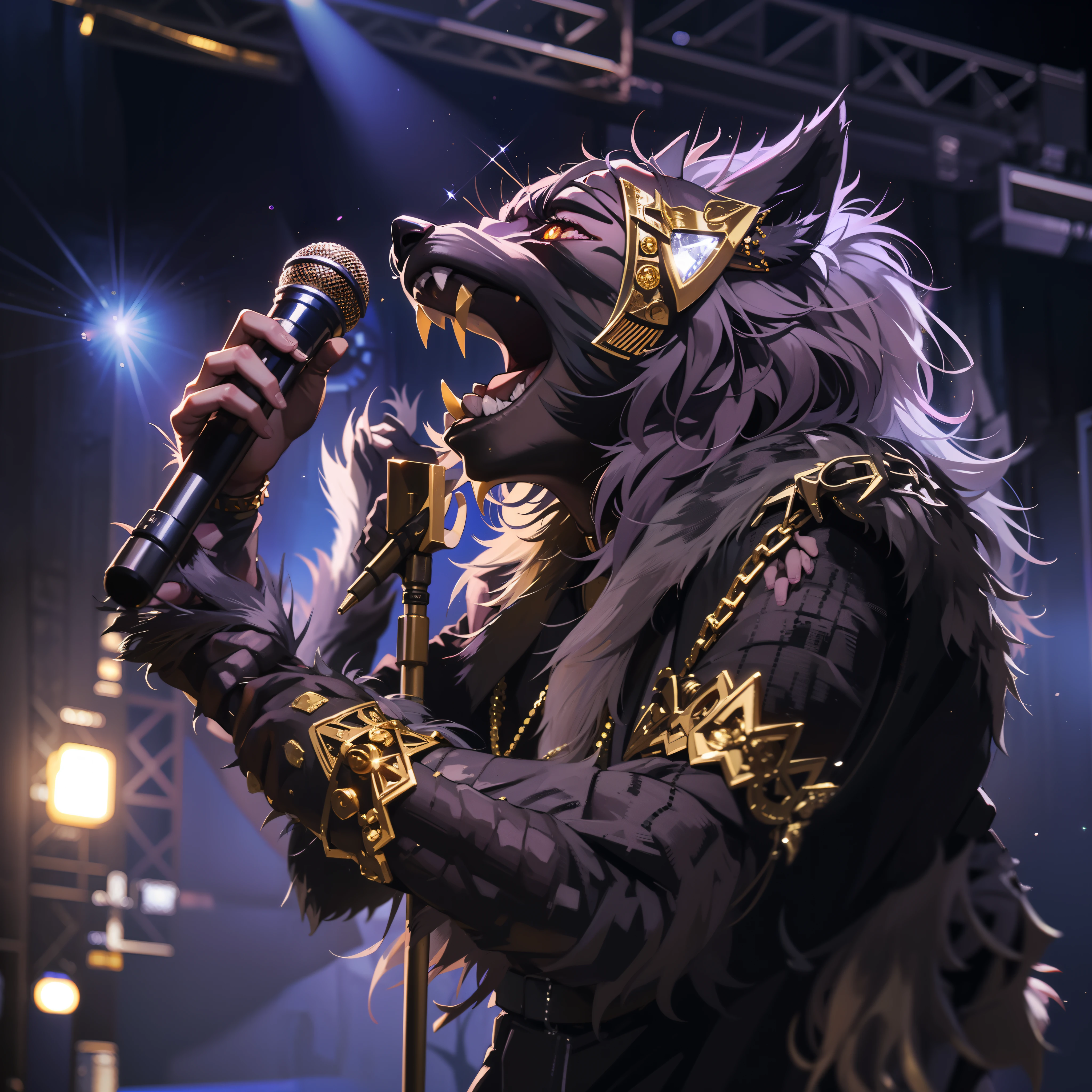 Heavy metal rock werewolf rock werewolf singer big gold chain worn real diamond glitter microphone rock werewolf holding microphone singing stage with holy light real handsome werewolf
