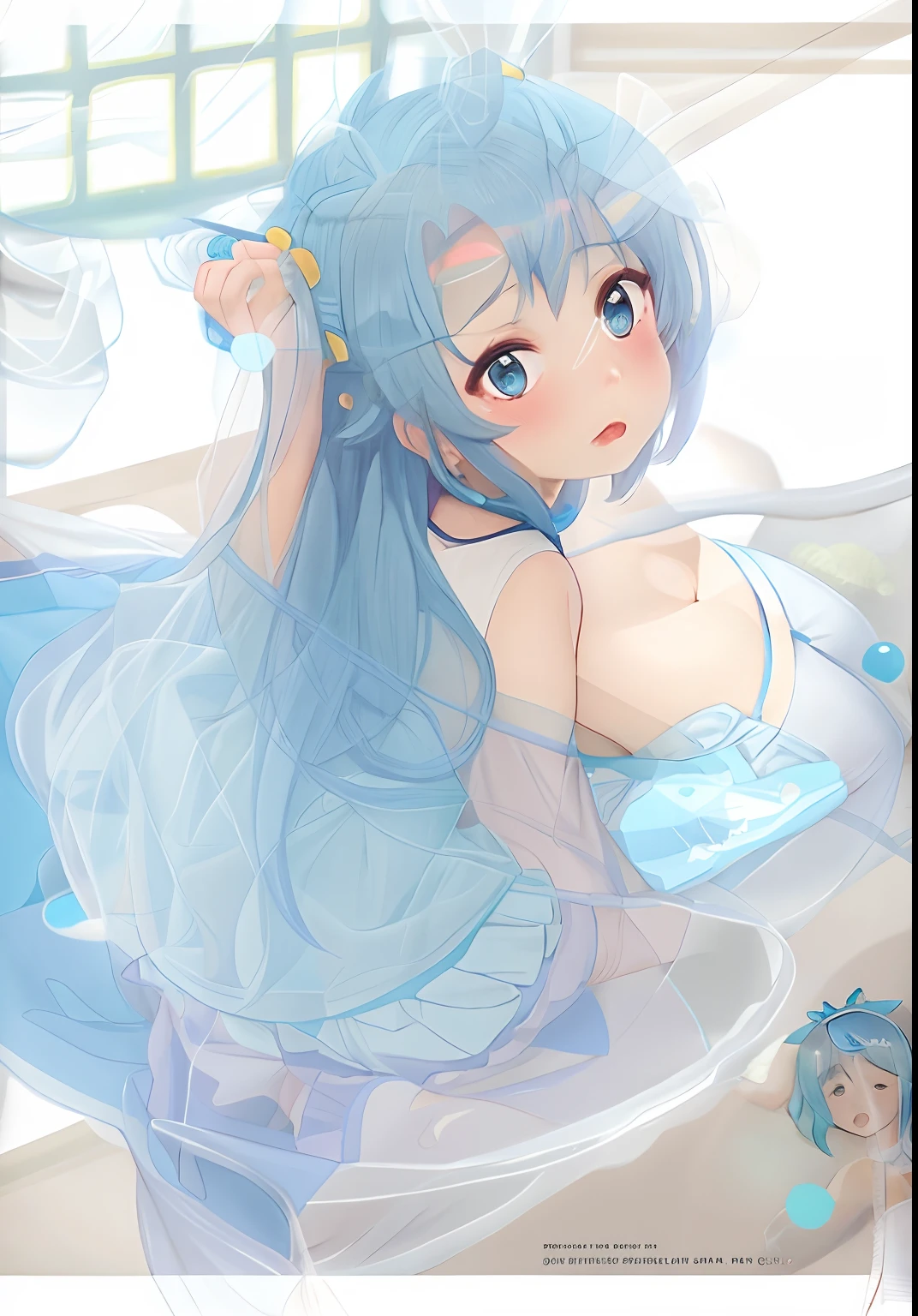 Aqua , Konosuba, Chubby curvy body, pelos largos de color azul claro, ojos azules, Campo de hierba background, En pie, Visor de cara, Nightgown dress, sin sujetador