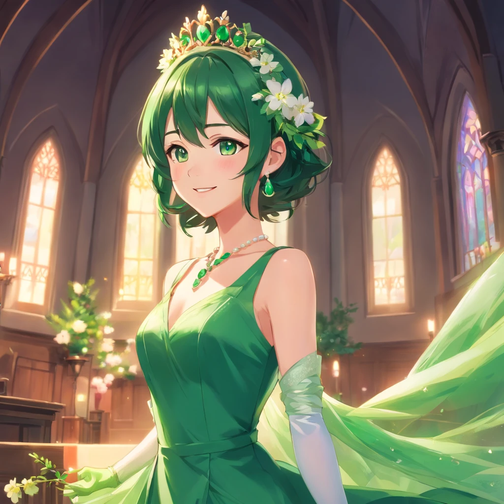 Green Dress Flower Cleanser,Sense of atmosphere, best qualtiy,tmasterpiece,1girll,30-years old,Green dress,Daytime Church,full body Esbian, Green gloves,Very short hair like a man,big breasts beautiful,looking at viewert,ssmile,Green Bridal Veil,Green Long Grove,Satin green long gloves, lipsticks, Pearl Necklace、Green gloves,emerald tiara, A Japanese Lady, Look forward, Emerald earrings